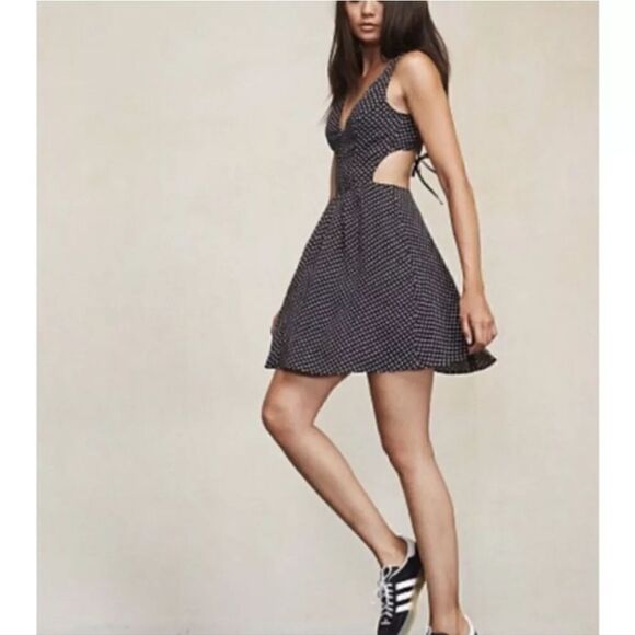 Reformation Murcia Open Back Black Polka Dot Mini Dress - Picture 1 of 12